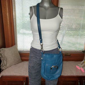 Bruce Makowsky Blue Pebbled Leather Crossbody Bag with brushed Nickel Hardware